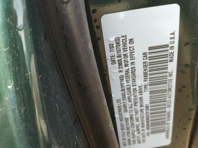 4S3BH806937610981 - 2003 SUBARU LEGACY OUT GREEN photo 10