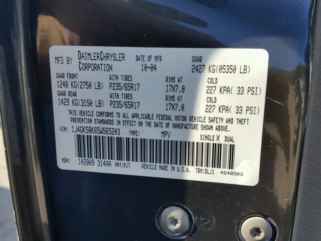 1J4GK58K65W565203 - 2005 JEEP LIBERTY LI GRAY photo 10