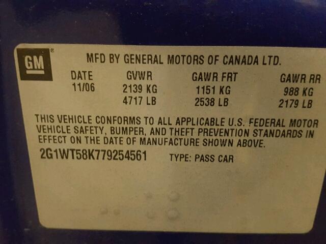 2G1WT58K779254561 - 2007 CHEVROLET IMPALA LT BLUE photo 10