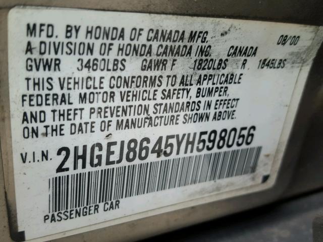 2HGEJ8645YH598056 - 2000 HONDA CIVIC EX TAN photo 10