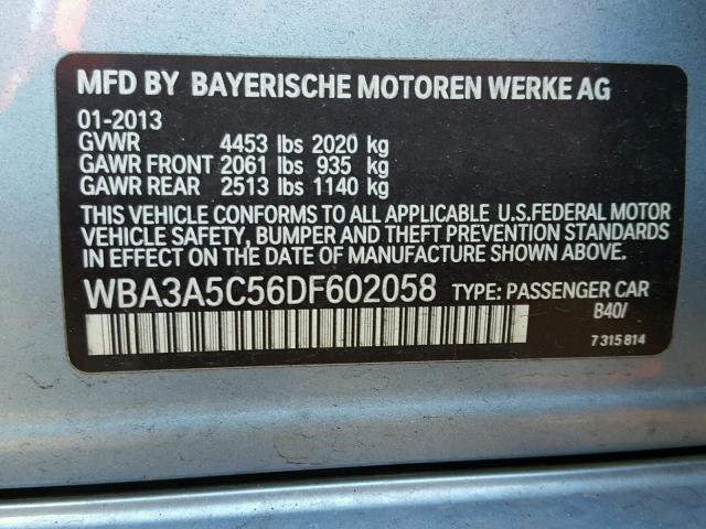 WBA3A5C56DF602058 - 2013 BMW 328 I BLUE photo 10