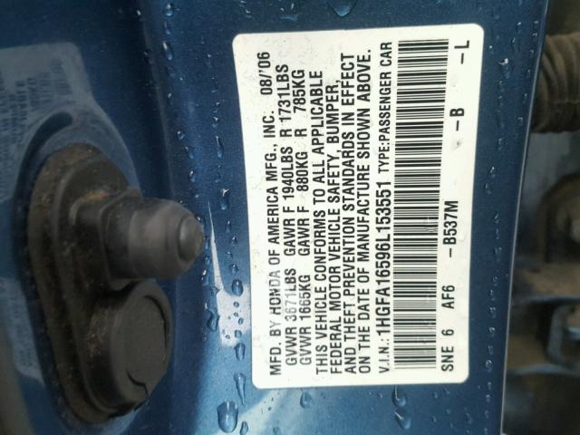 1HGFA16596L153551 - 2006 HONDA CIVIC LX BLUE photo 10