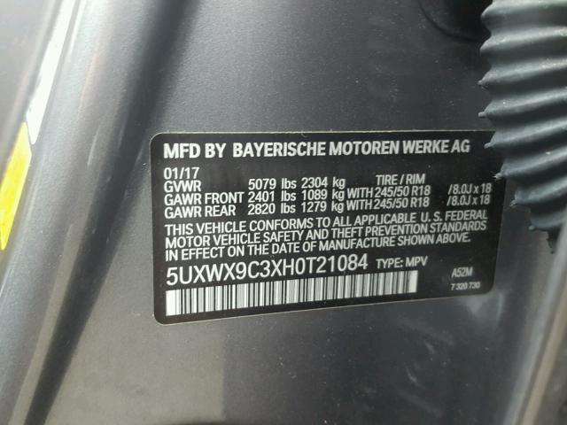 5UXWX9C3XH0T21084 - 2017 BMW X3 XDRIVE2 GRAY photo 10