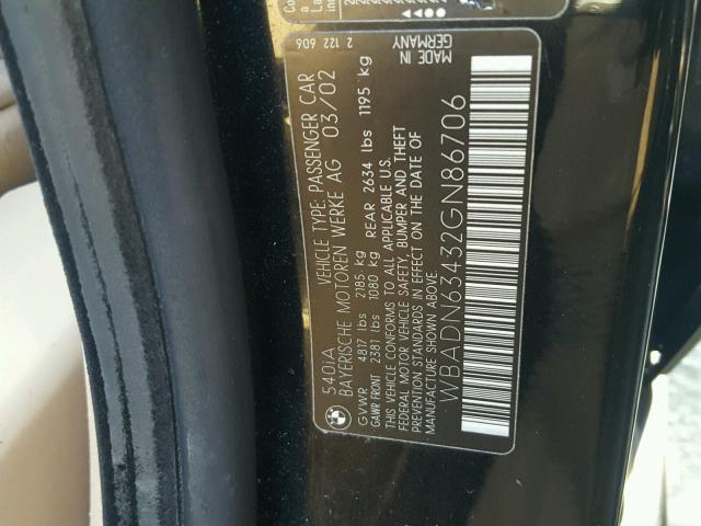 WBADN63432GN86706 - 2002 BMW 540 I AUTO BLACK photo 10