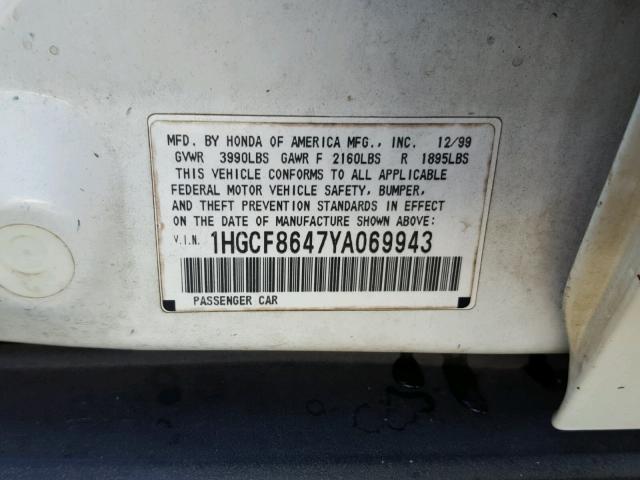 1HGCF8647YA069943 - 2000 HONDA ACCORD DX WHITE photo 10