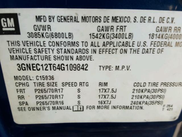 3GNEC12T64G109842 - 2004 CHEVROLET AVALANCHE BLUE photo 10