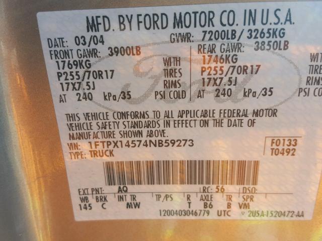 1FTPX14574NB59273 - 2004 FORD F150 GOLD photo 10