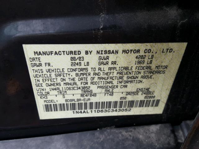 1N4AL11D63C343052 - 2003 NISSAN ALTIMA BAS BLACK photo 10