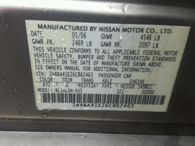 1N4BA41E26C862463 - 2006 NISSAN MAXIMA SE CHARCOAL photo 10