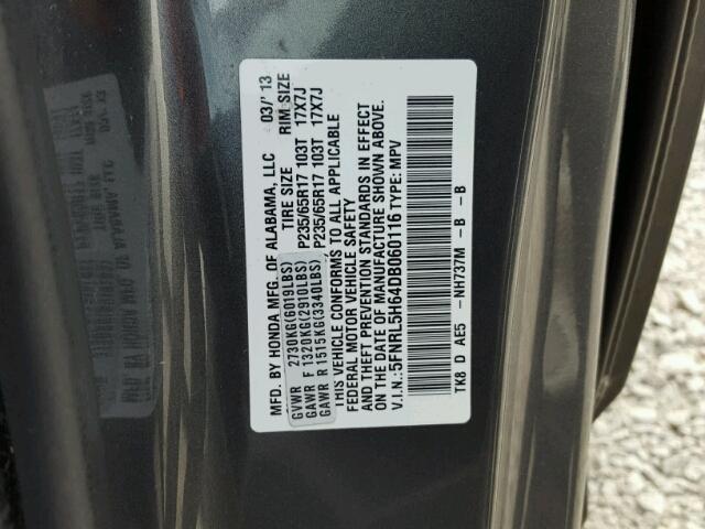 5FNRL5H64DB060116 - 2013 HONDA ODYSSEY EX GRAY photo 10