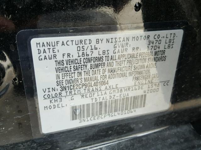 3N1CE2CP9GL401064 - 2016 NISSAN VERSA NOTE BLACK photo 10