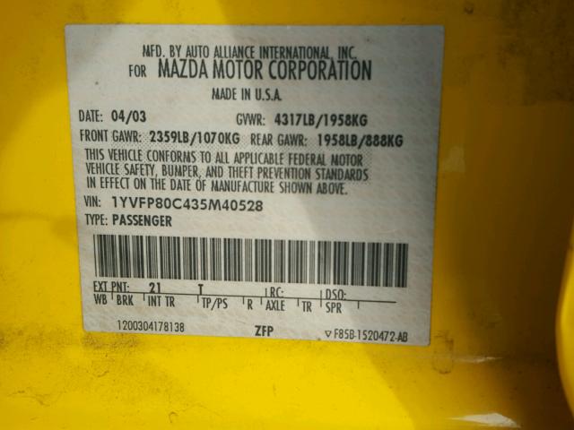 1YVFP80C435M40528 - 2003 MAZDA 6 YELLOW photo 10