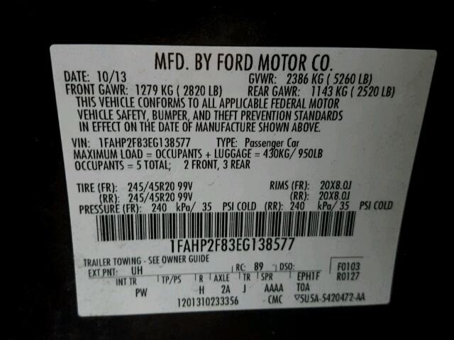 1FAHP2F83EG138577 - 2014 FORD TAURUS LIM BLACK photo 10