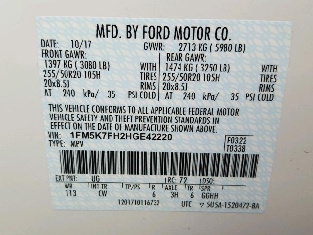 1FM5K7FH2HGE42220 - 2017 FORD EXPLORER L WHITE photo 10