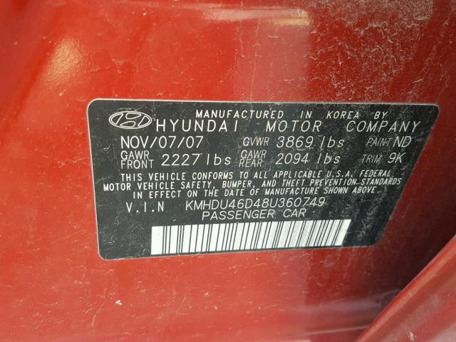 KMHDU46D48U360749 - 2008 HYUNDAI ELANTRA GL BURGUNDY photo 10