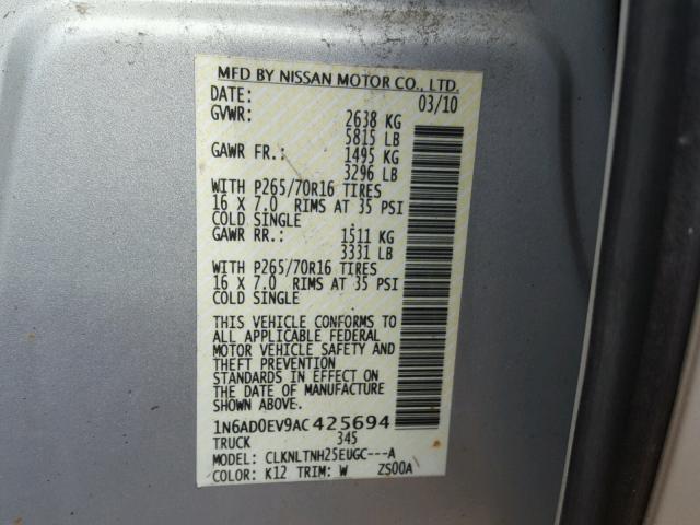 1N6AD0EV9AC425694 - 2010 NISSAN FRONTIER C SILVER photo 10