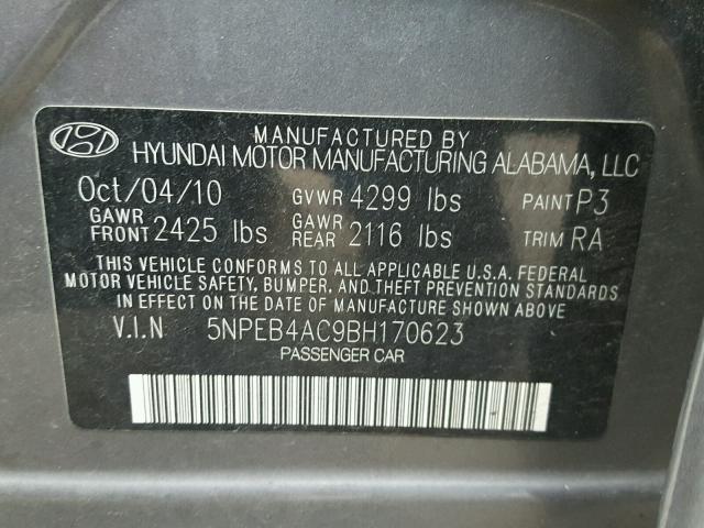 5NPEB4AC9BH170623 - 2011 HYUNDAI SONATA GLS GRAY photo 10