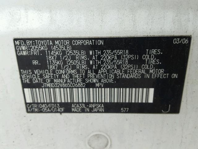 JTMBD32V865026882 - 2006 TOYOTA RAV4 SPORT WHITE photo 10