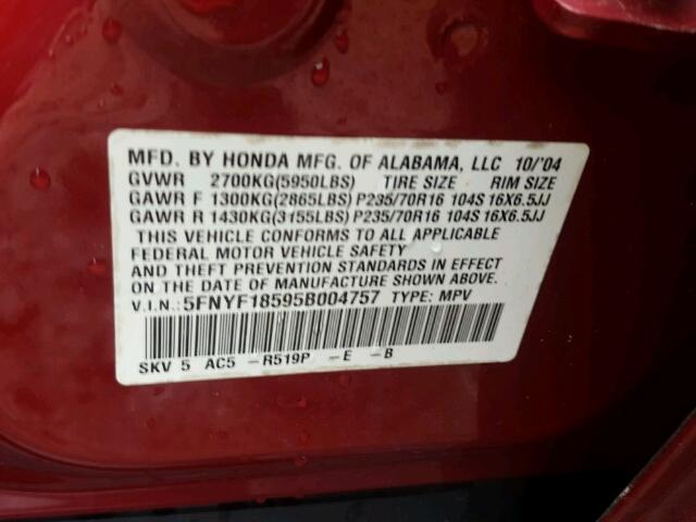 5FNYF18595B004757 - 2005 HONDA PILOT EXL RED photo 10