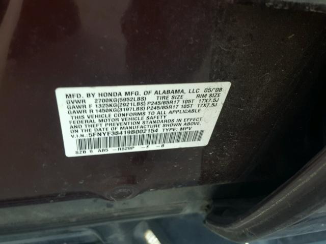 5FNYF38419B002154 - 2009 HONDA PILOT EX MAROON photo 10