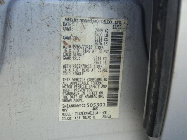 5N1AN0NW4CC505301 - 2012 NISSAN XTERRA OFF SILVER photo 10