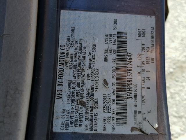 3FAHP08157R124647 - 2007 FORD FUSION SEL GRAY photo 10