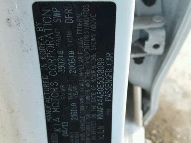 KNAFX4A80E5078089 - 2014 KIA FORTE EX WHITE photo 10