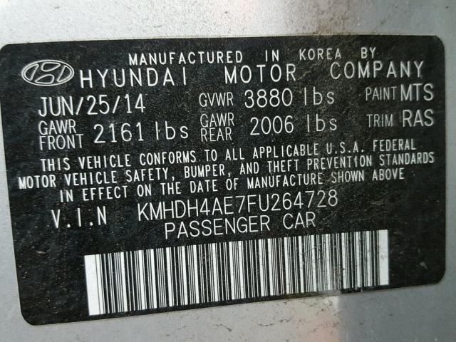 KMHDH4AE7FU264728 - 2015 HYUNDAI ELANTRA SE GRAY photo 10