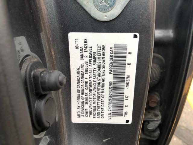 2HGFB2F66CH522760 - 2012 HONDA CIVIC HF CHARCOAL photo 9