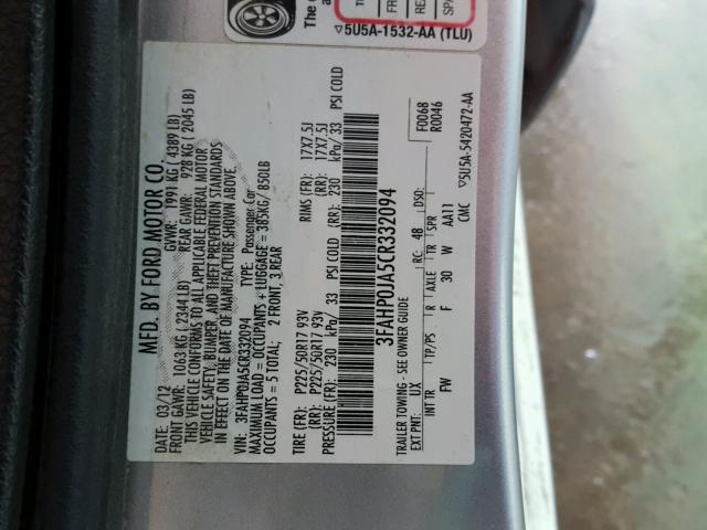 3FAHP0JA5CR332094 - 2012 FORD FUSION SEL SILVER photo 10