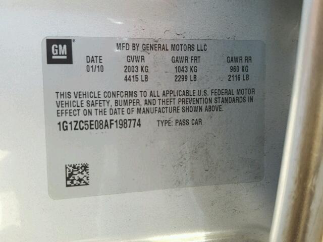 1G1ZC5E08AF198774 - 2010 CHEVROLET MALIBU 1LT SILVER photo 10