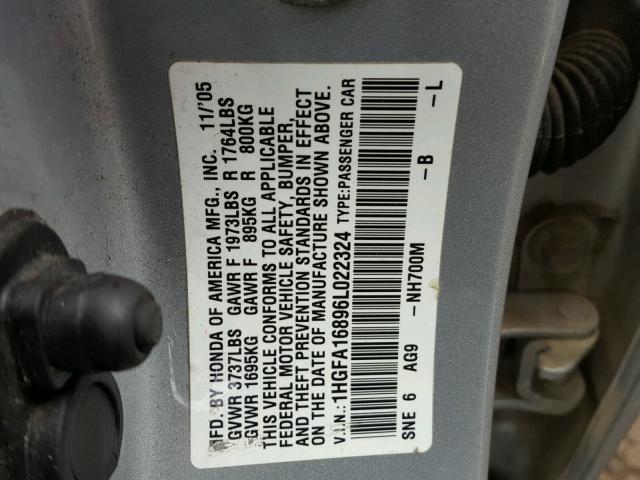 1HGFA16896L022324 - 2006 HONDA CIVIC EX SILVER photo 10