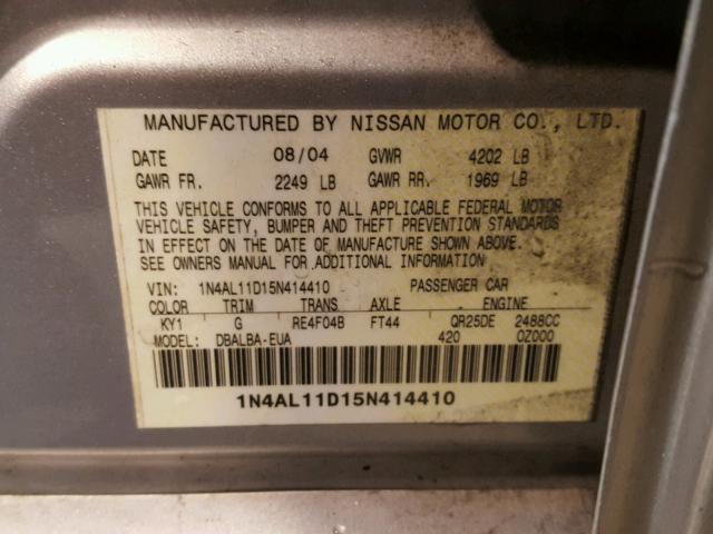 1N4AL11D15N414410 - 2005 NISSAN ALTIMA S SILVER photo 10