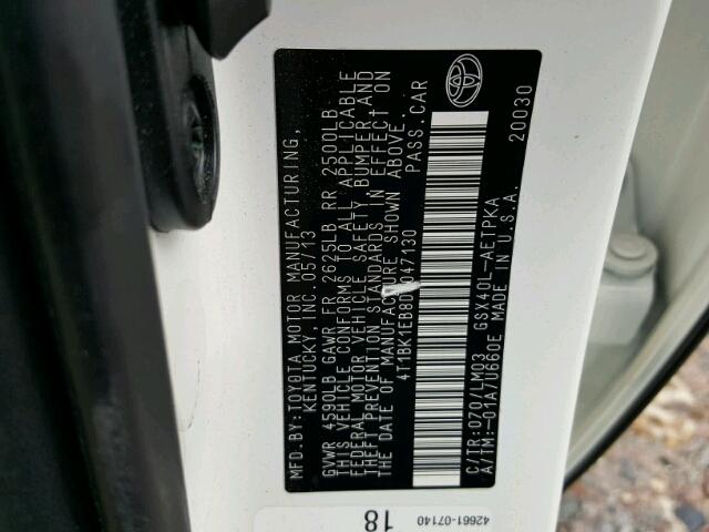 4T1BK1EB8DU047130 - 2013 TOYOTA AVALON BAS WHITE photo 10