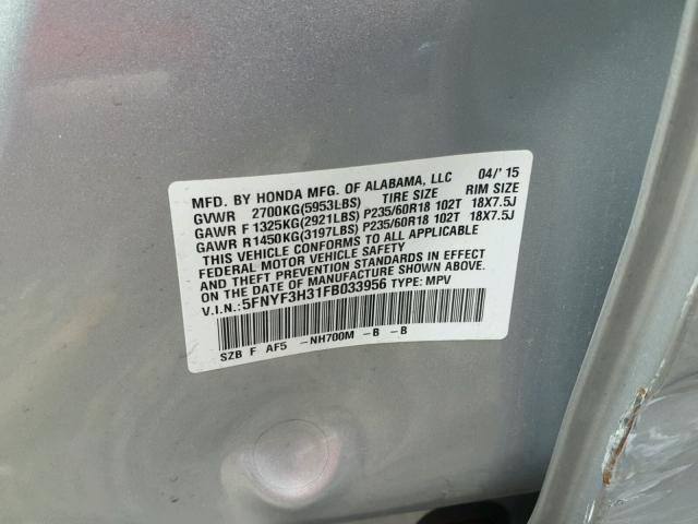 5FNYF3H31FB033956 - 2015 HONDA PILOT SE SILVER photo 10