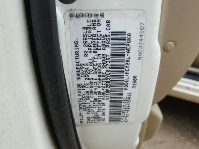 4T1BF28B3YU017397 - 2000 TOYOTA AVALON XL WHITE photo 10