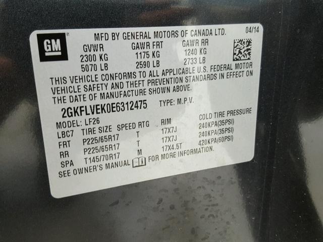 2GKFLVEK0E6312475 - 2014 GMC TERRAIN SL GRAY photo 10