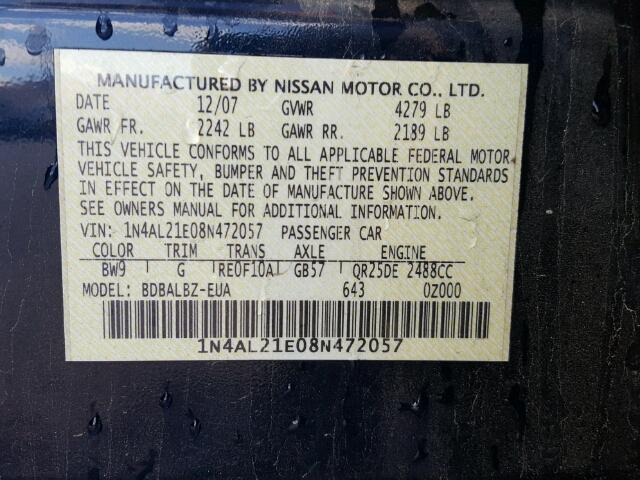 1N4AL21E08N472057 - 2008 NISSAN ALTIMA 2.5 BLUE photo 10