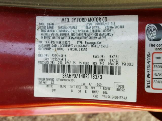 3FAHP07148R118373 - 2008 FORD FUSION SE MAROON photo 10