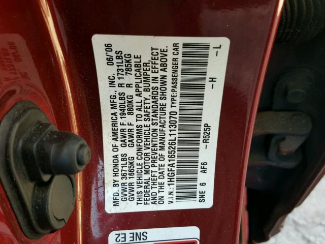 1HGFA16526L113070 - 2006 HONDA CIVIC LX RED photo 10