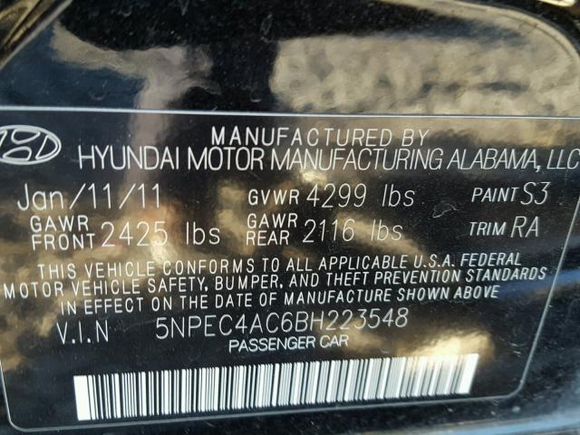 5NPEC4AC6BH223548 - 2011 HYUNDAI SONATA SE BLACK photo 10