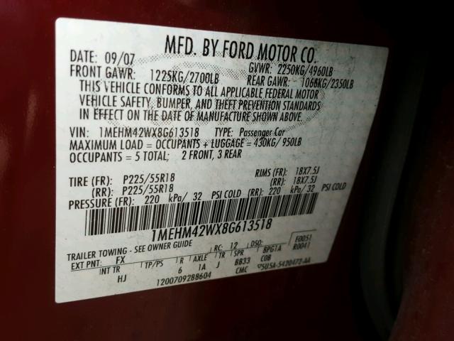 1MEHM42WX8G613518 - 2008 MERCURY SABLE PREM RED photo 10