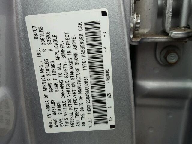 1HGCP26848A002861 - 2008 HONDA ACCORD EXL SILVER photo 10