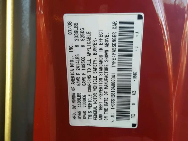 1HGCS12819A000341 - 2009 HONDA ACCORD EXL RED photo 10