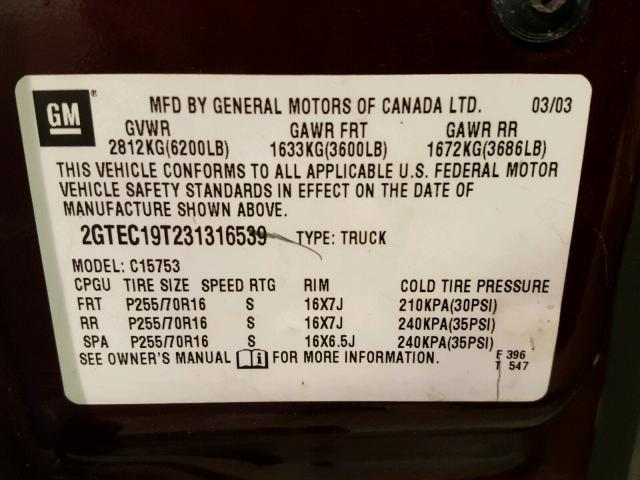 2GTEC19T231316539 - 2003 GMC NEW SIERRA MAROON photo 10