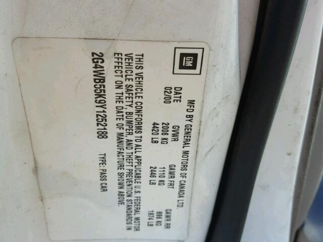 2G4WB55K9Y1252188 - 2000 BUICK REGAL LS WHITE photo 10