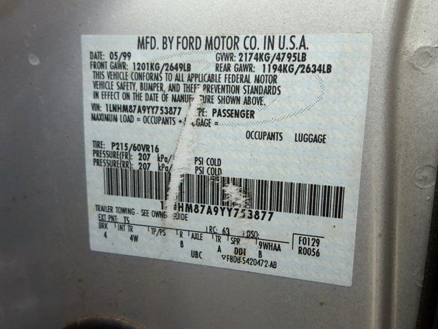 1LNHM87A9YY753877 - 2000 LINCOLN LS SILVER photo 10