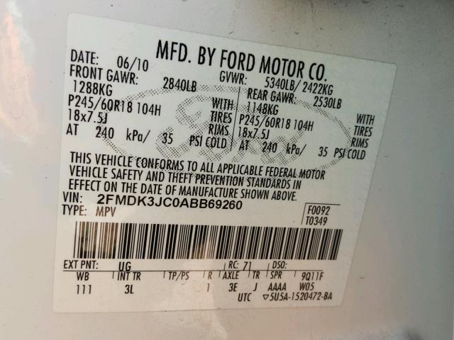 2FMDK3JC0ABB69260 - 2010 FORD EDGE SEL WHITE photo 10