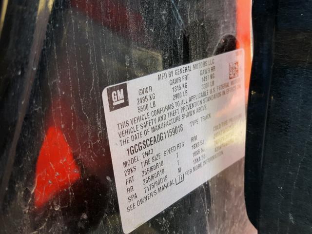 1GCGSCEA0G1159018 - 2016 CHEVROLET COLORADO L BLACK photo 10