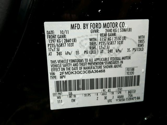 2FMDK3GC3CBA36468 - 2012 FORD EDGE SE BLACK photo 10